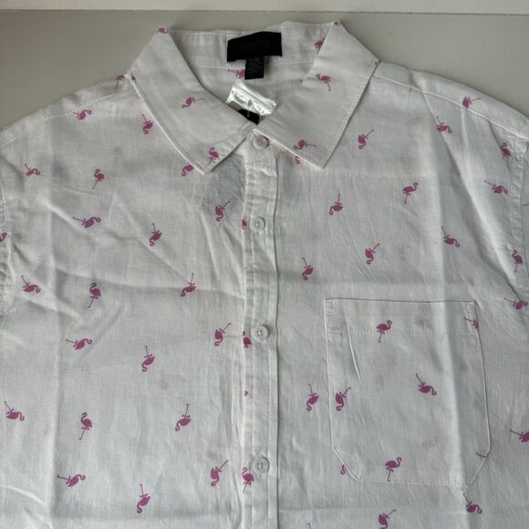 Magaschoni Man Short Sleeve Shirt Flamingos All Over Print Linen Blend Large NWT - Picture 8 of 13